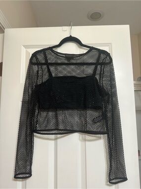 BOLD elements Black Sheer Mesh Long-Sleeve Crop Top with Built-In Bralette
